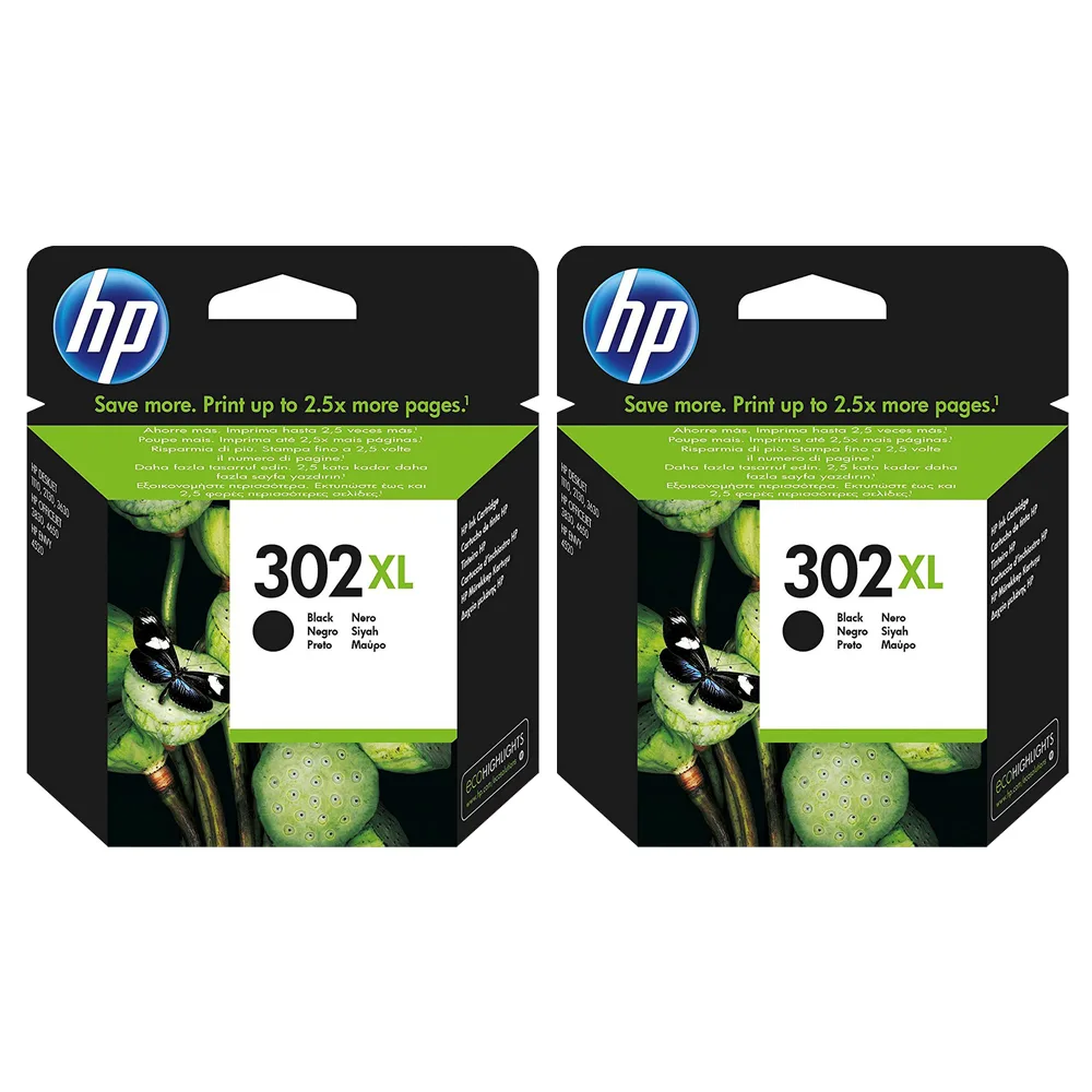 2x Original HP 302XL High Capacity Black Ink Cartridges